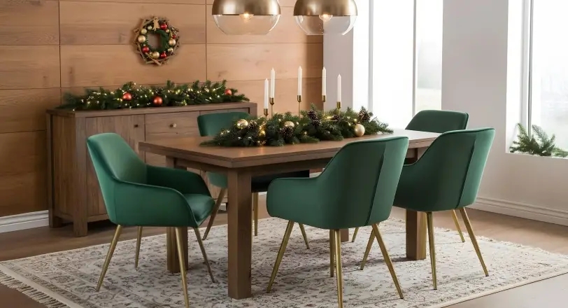 Feestelijk gedekte eettafel met groene stoelen en kerstversiering